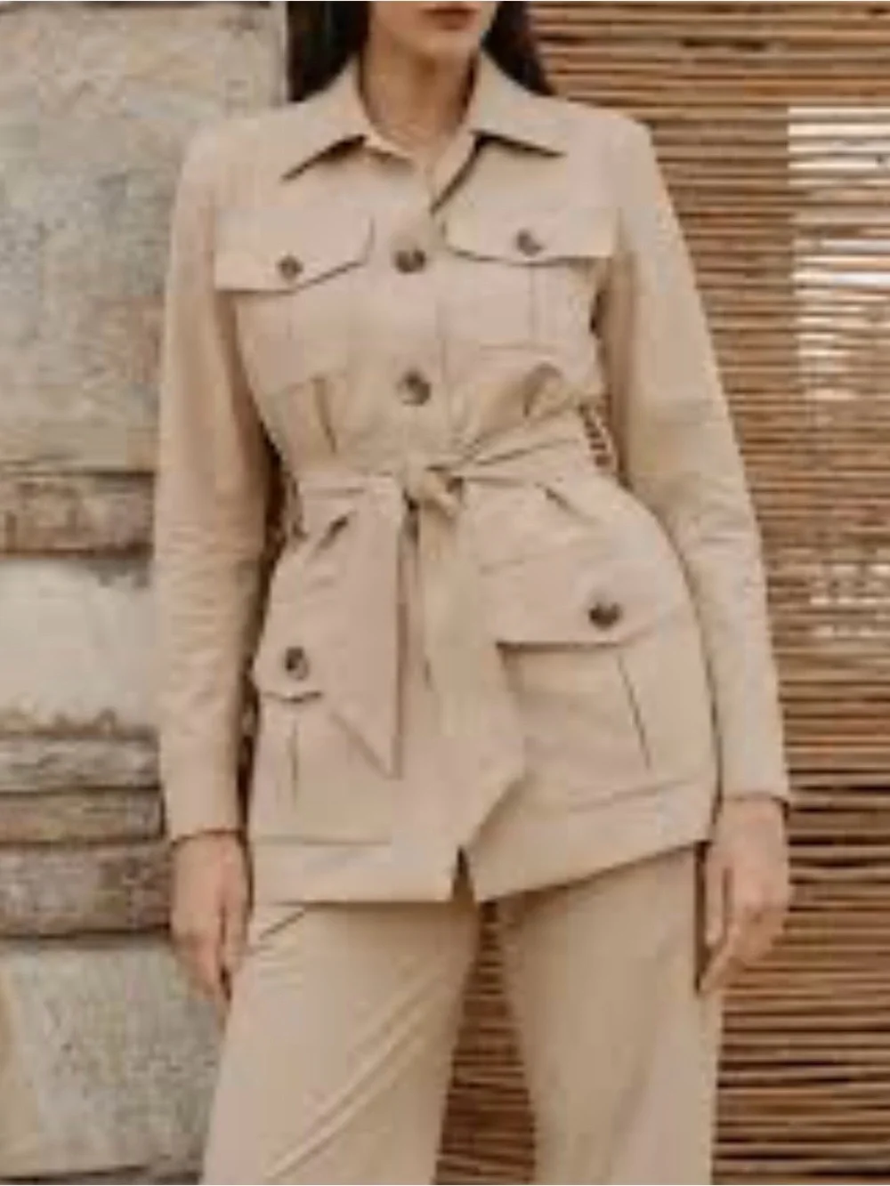 100% linen Beige Tie-Waist Utility Jacket - Women's Jacket & Coats xl - Picture 1 of 9